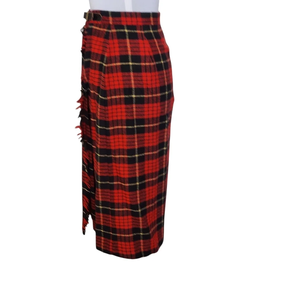 Vintage Red Black Tartan Plaid Skirt with Side Fringe